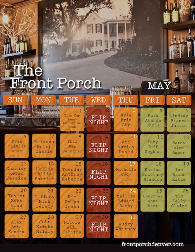 May Calendar Published Front Porch Denver Bar, Free Drinks, Happy